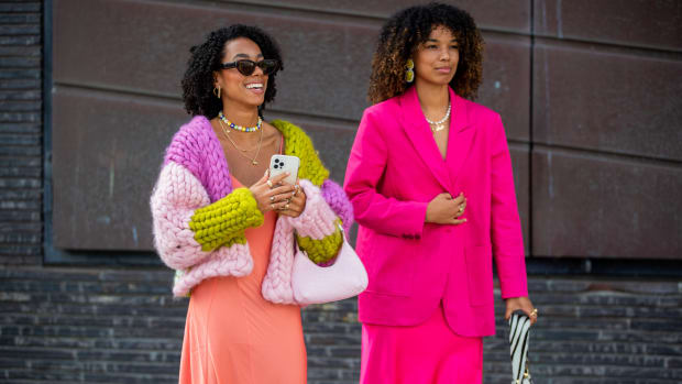 Guests seen wearing knitwear outside Mother of Pearl on August 11, 2021 in Copenhagen, Denmark.