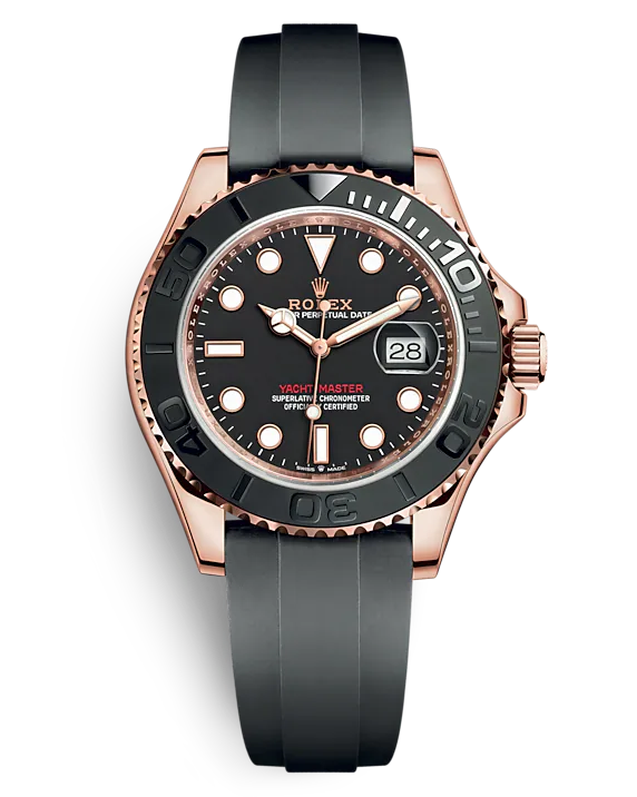 A rose gold watch with a black face and bezel