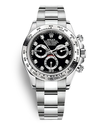 A silver watch with a black face