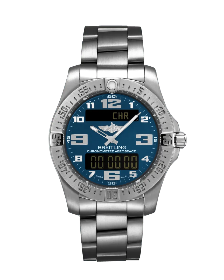 A steel watch with a blue face