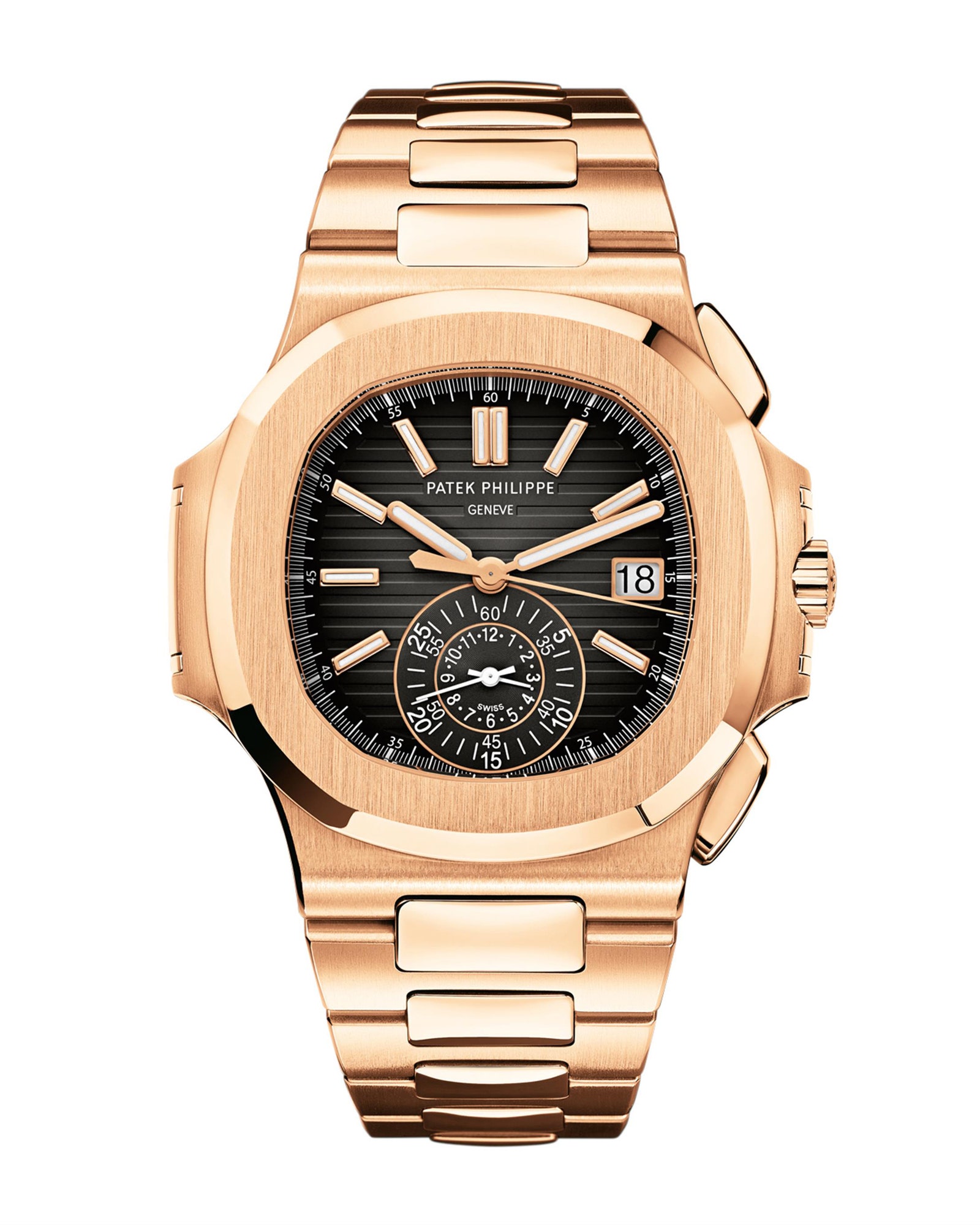 A rose gold watch with a black face