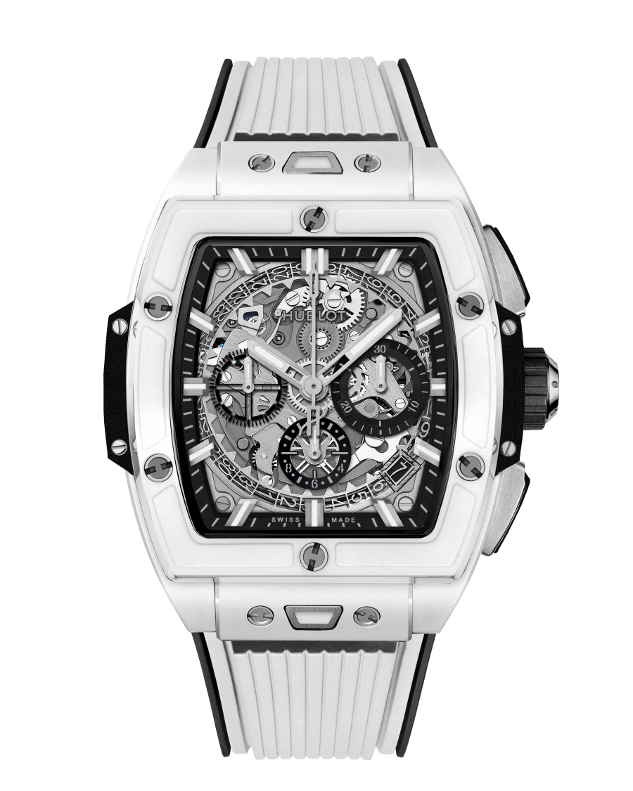 A white watch with a clear face