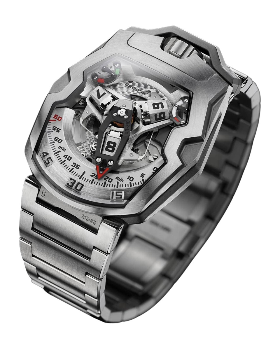 A steel watch with a clear face