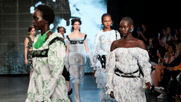 Models walk the runway during the finale at the Yuhan Wang show at TikTok Show Space during London Fashion Week September 2021 