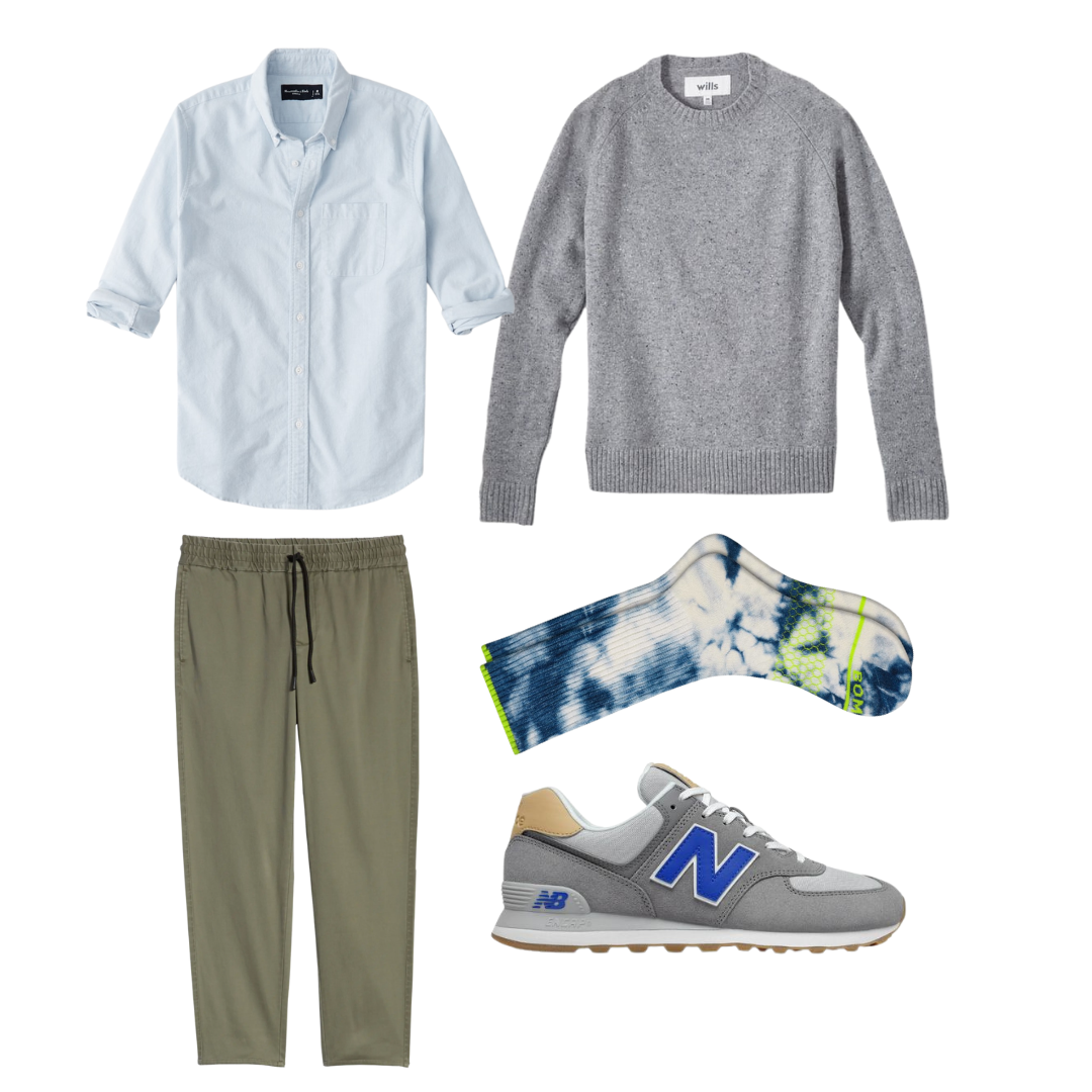 mens drawstring pants outfit with sweater and sneakers