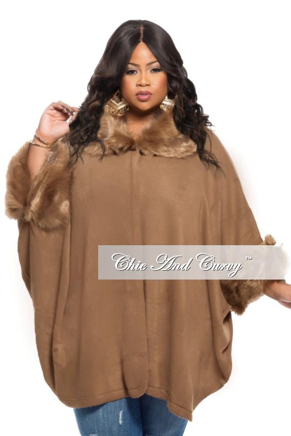 Women wearing a camel-colored poncho with faux fur collar and sleeve trim.