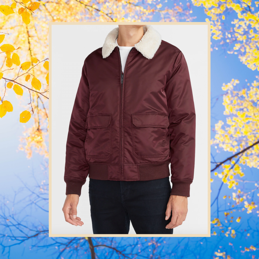 express Sherpa Collar Water-Resistant Nylon Bomber Jacket, best fall jackets for guys