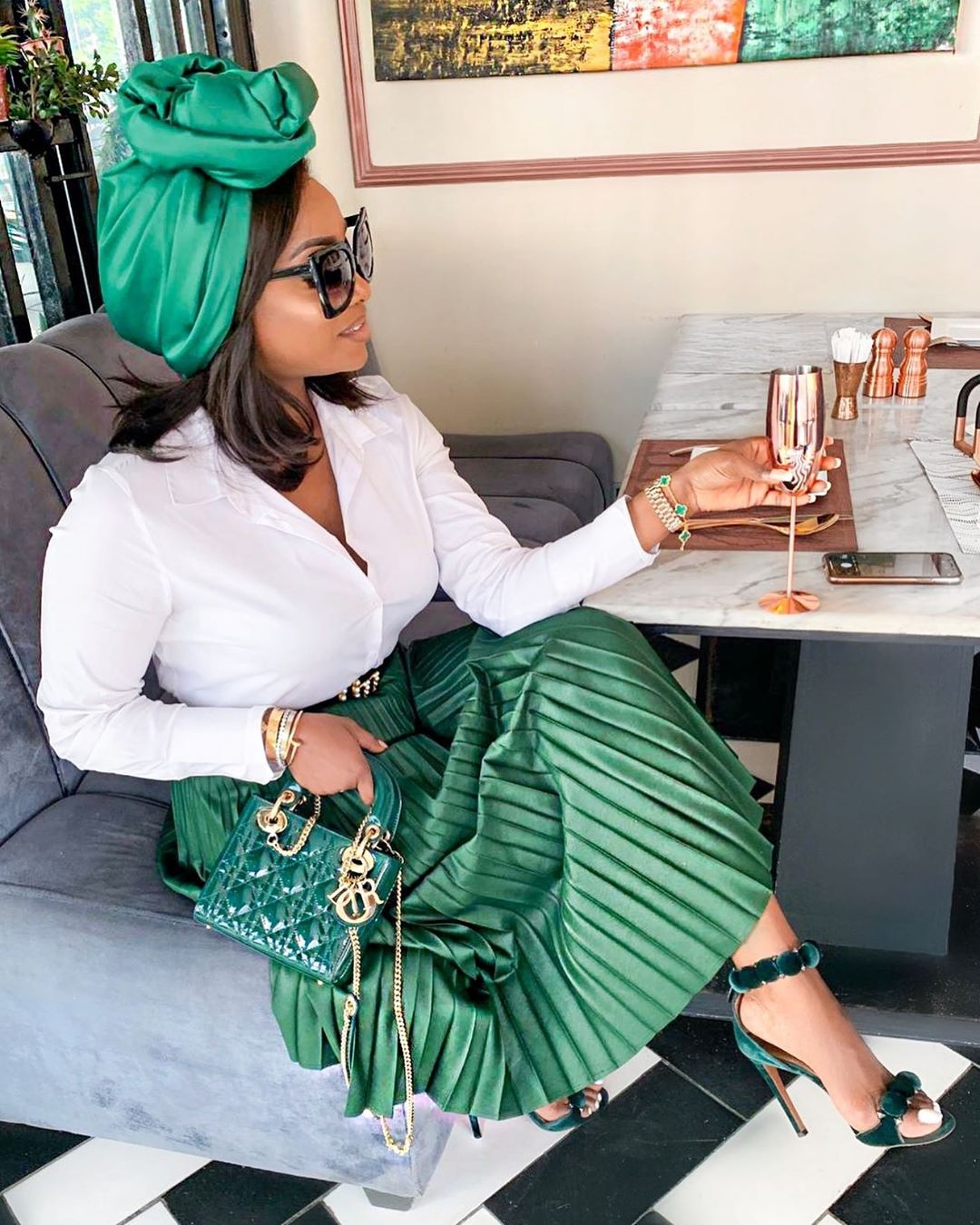 chioma-ikokwu-green-scarf-green-pleated-skirt
