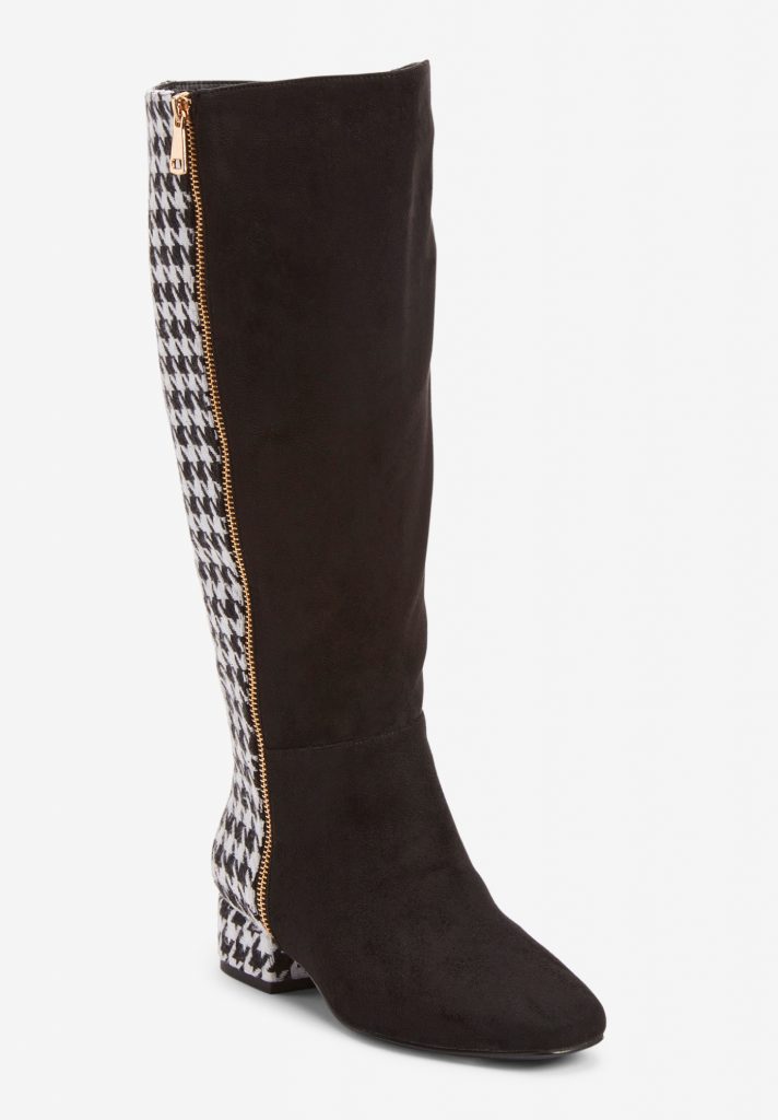 black and houndstooth print knee-high boots 