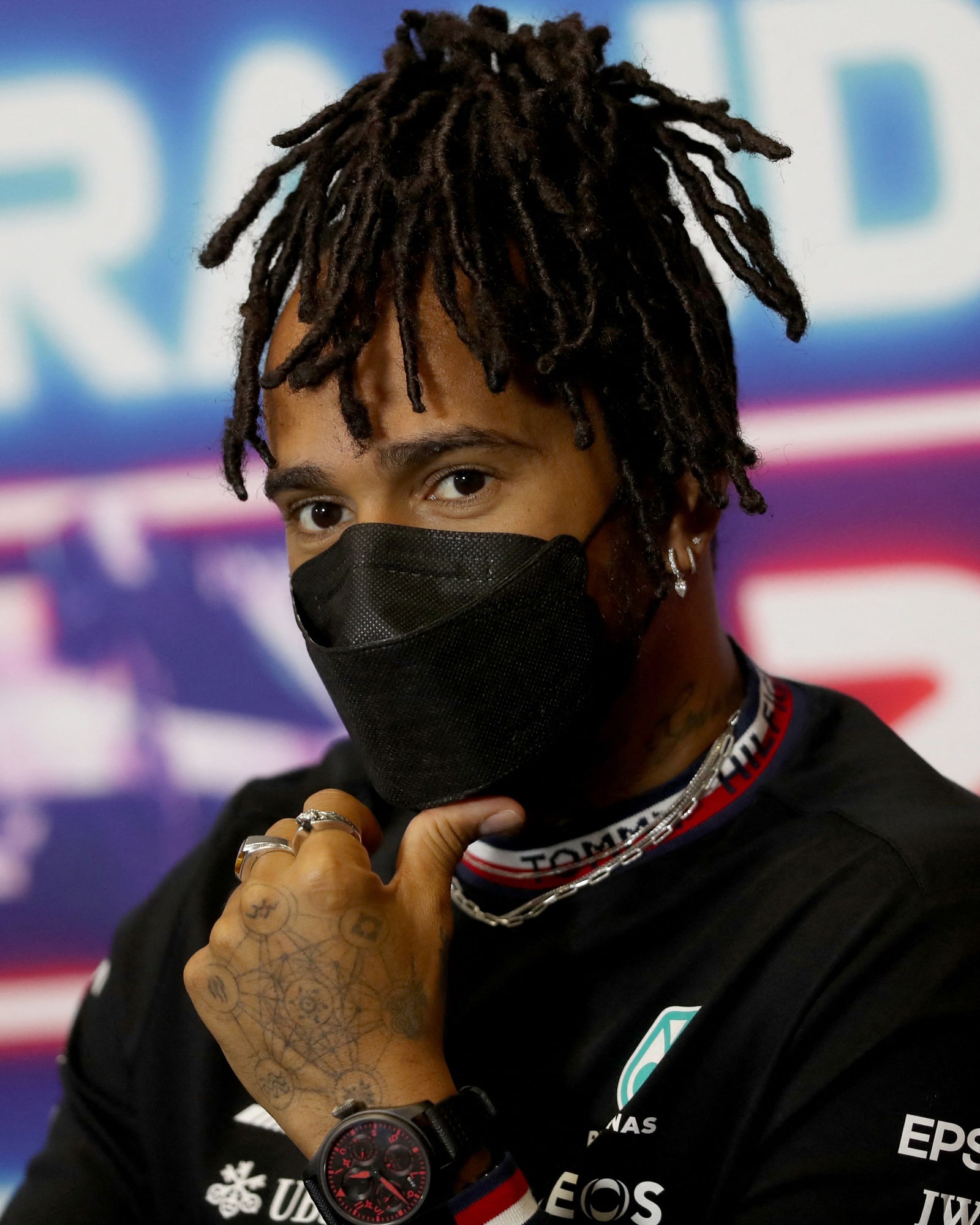 Lewis Hamilton attends a press conference at the Intercity Istanbul Park