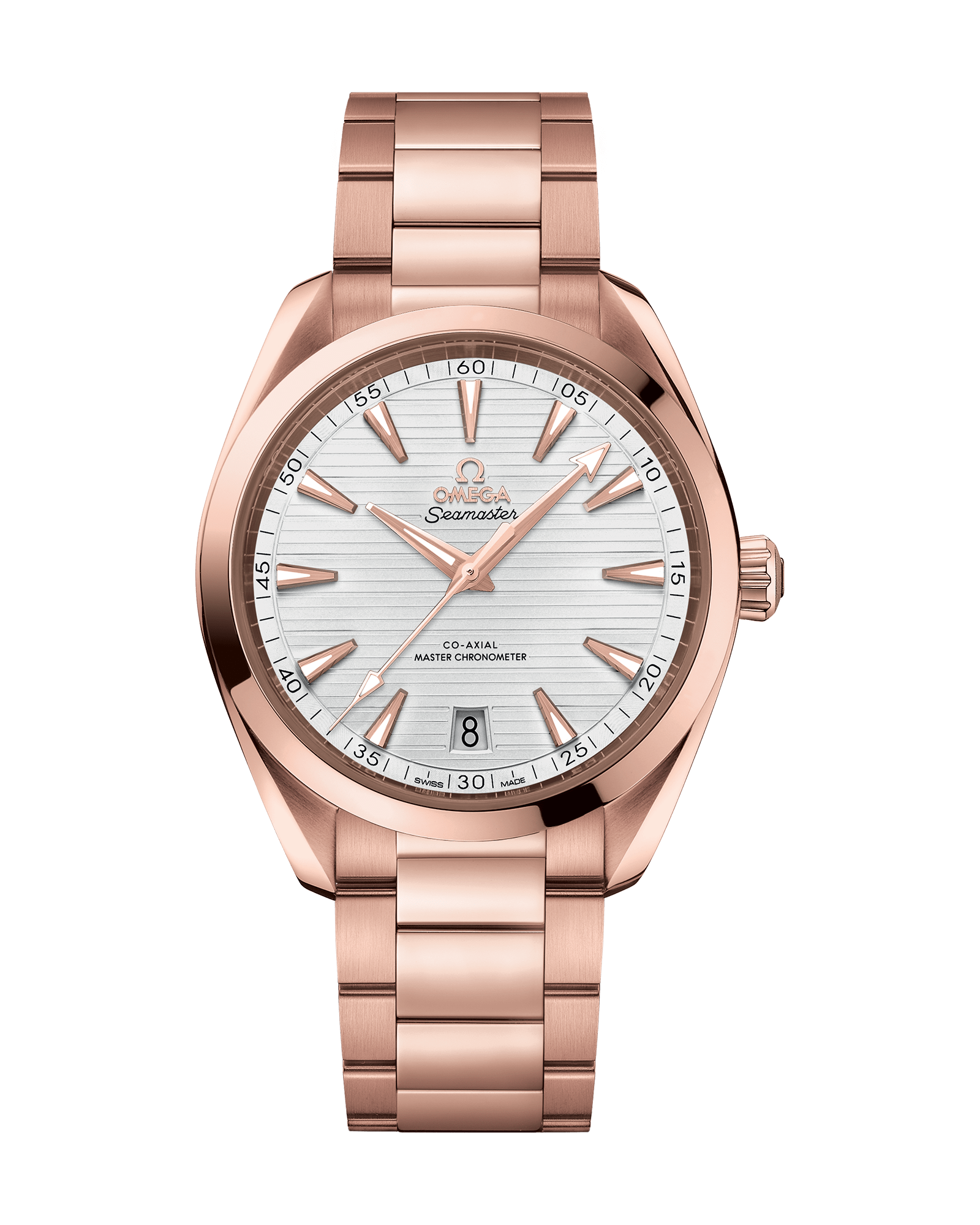 A rose gold watch with a white face