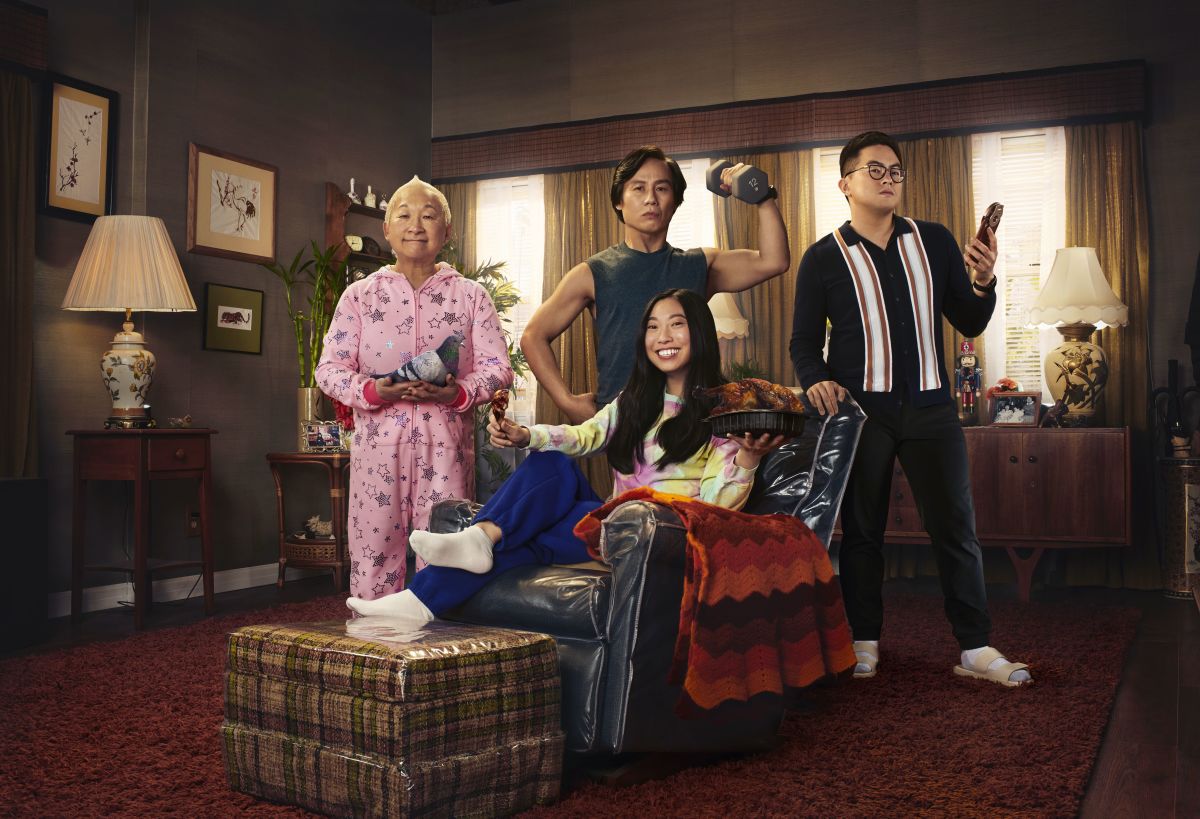 Grandma (Lori Tan Chinn), Wally. in his signature 'fit, Nora (Awkwafina) and cousin Edmund (Bowen Yang) in 'Awkwafina is Nora From Queens.;