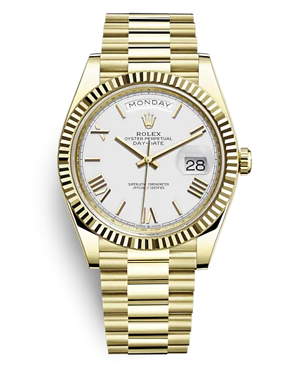 A gold watch with a white face