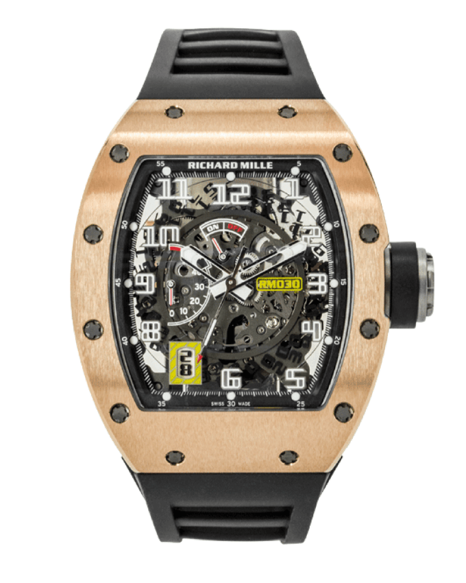 A gold watch with a transparent face