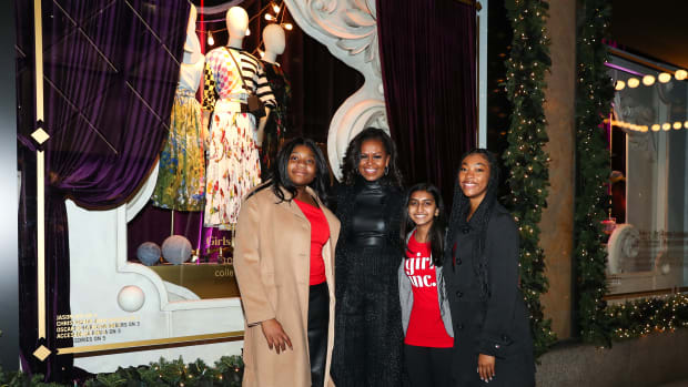 Saks 2021 Window Unveiling_Caitlin James, Michelle Obama, Dreshta Bohria, Jada Yelverton-Graves