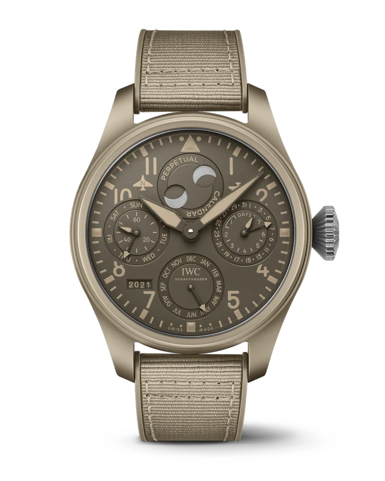 A tan ceramic watch with a dark grey face