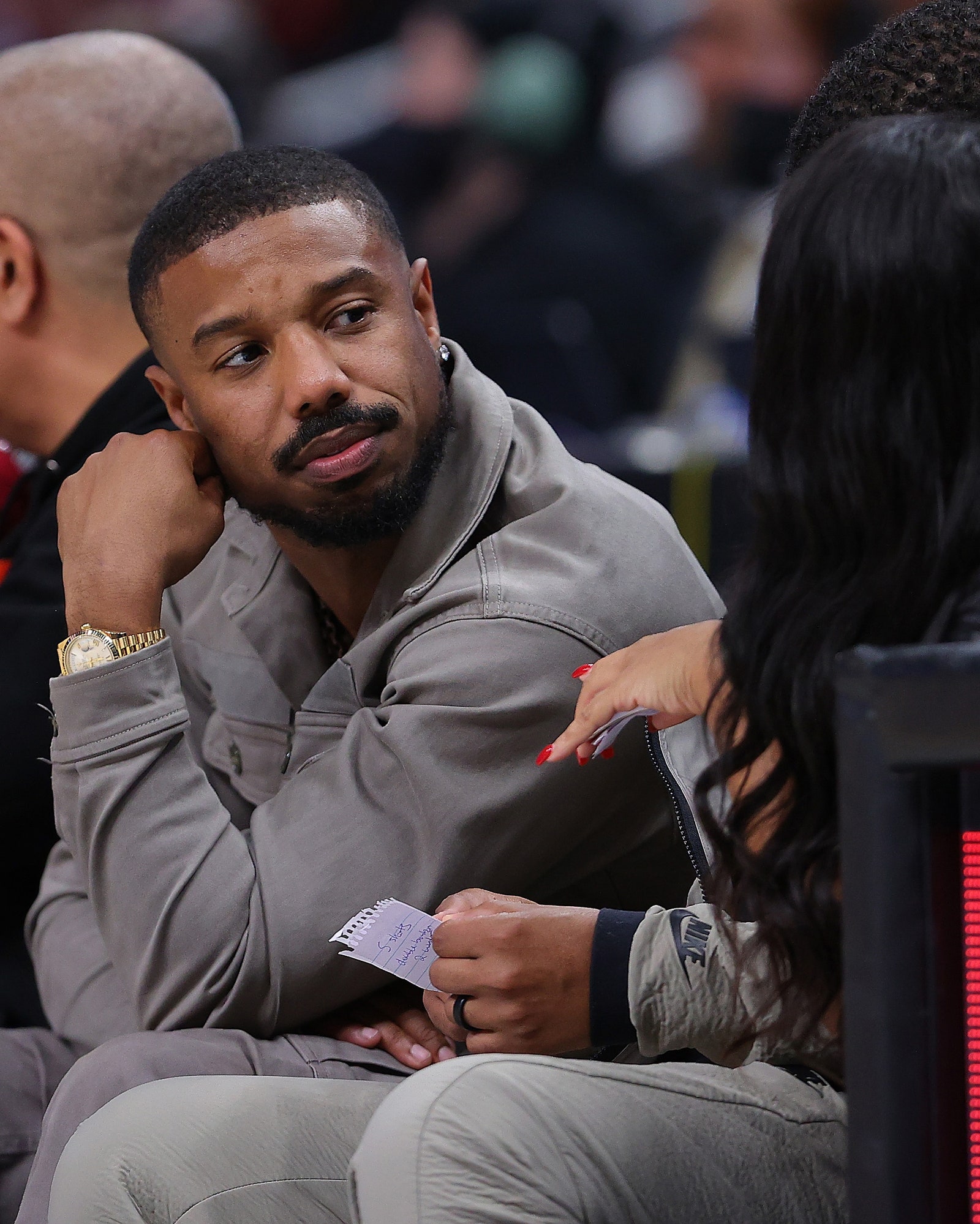 Michael B. Jordan looks on during the second half of the game between the Atlanta Hawks and the Milwaukee Bucks