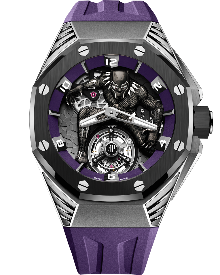 A purple and steel black panther themed watch