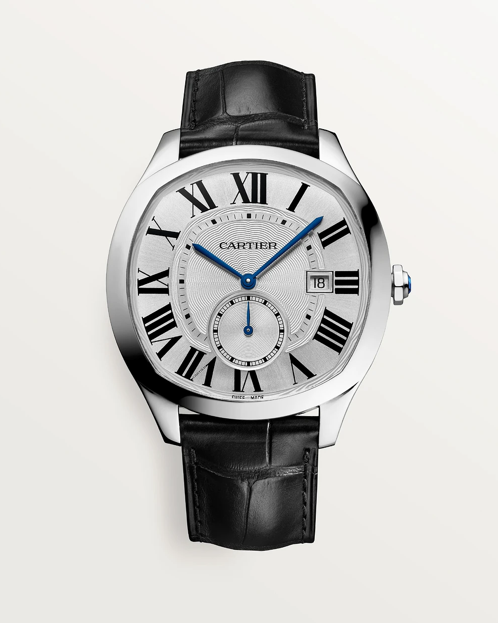 A steel watch with a grey face and sapphire accents