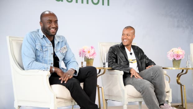 Virgil Abloh and Heron Preston speak onstage during Vogue's Forces of Fashion Conference at Milk Studios on October 12, 2017