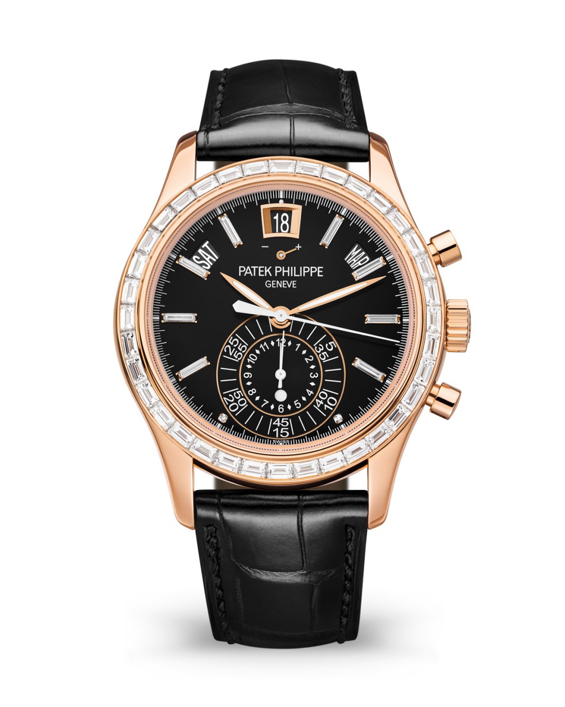 a gold watch with diamonds in the bezel