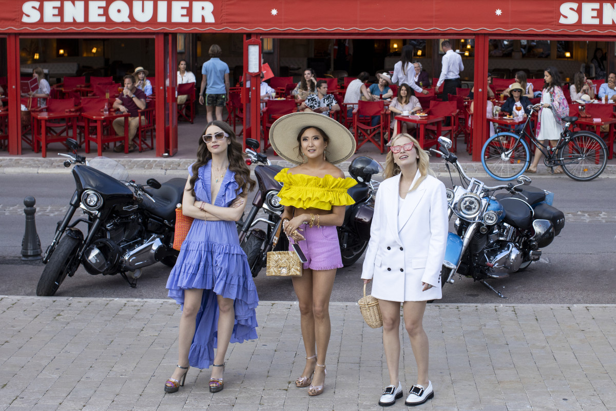 Emily in a Magali Pascal dress, Mindy in MSGM and Camille in a Valentino blazer and Roger Vivier shoes.