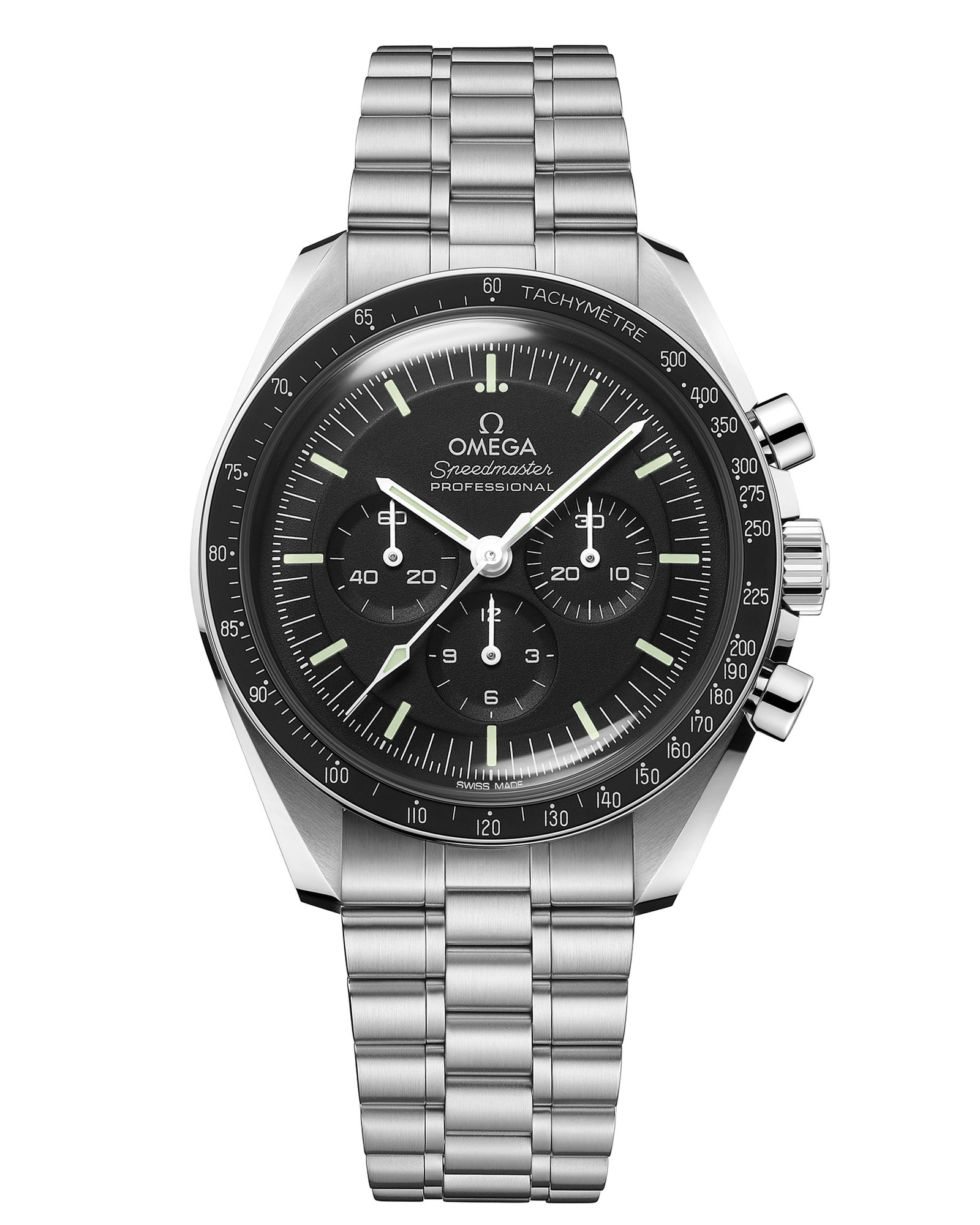 A steel watch with a black face and bezel