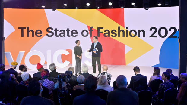 Imran Amed, founder and CEO of The Business of Fashion, and Achim Berg (R) speak on stage during BoF VOICES 2021 at Soho Farmhouse on December 02, 2021