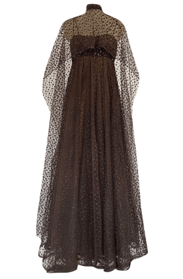 1960s Alfred Bosand Sequin Bodice Dotted Deep Brown Silk Net Dress W Matching Cape Overlay