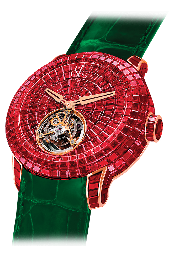 A red diamond watch with a green strap
