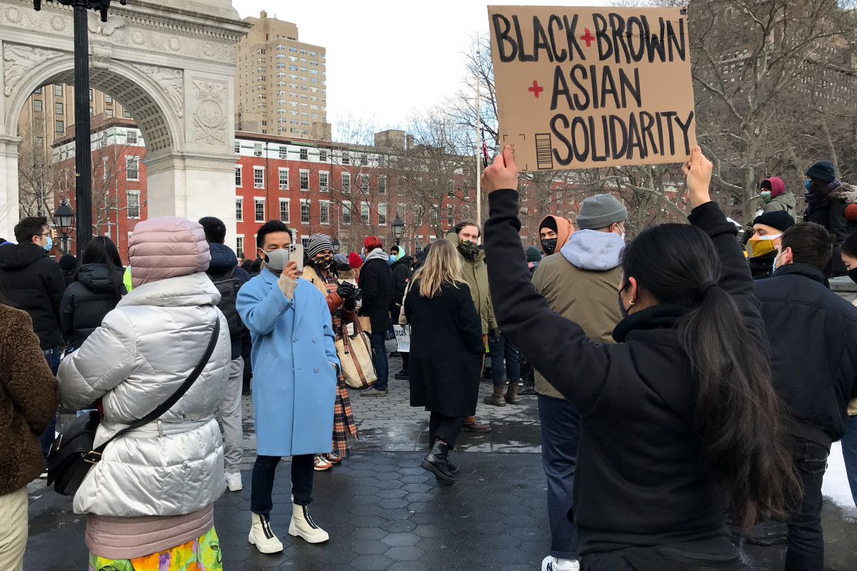 Fashion designer Prabal Gurung (L) attends the End The Violence Towards Asians rally in Washington Square Park on February 20, 2021 in New York City