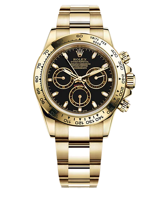 a gold watch with a black face