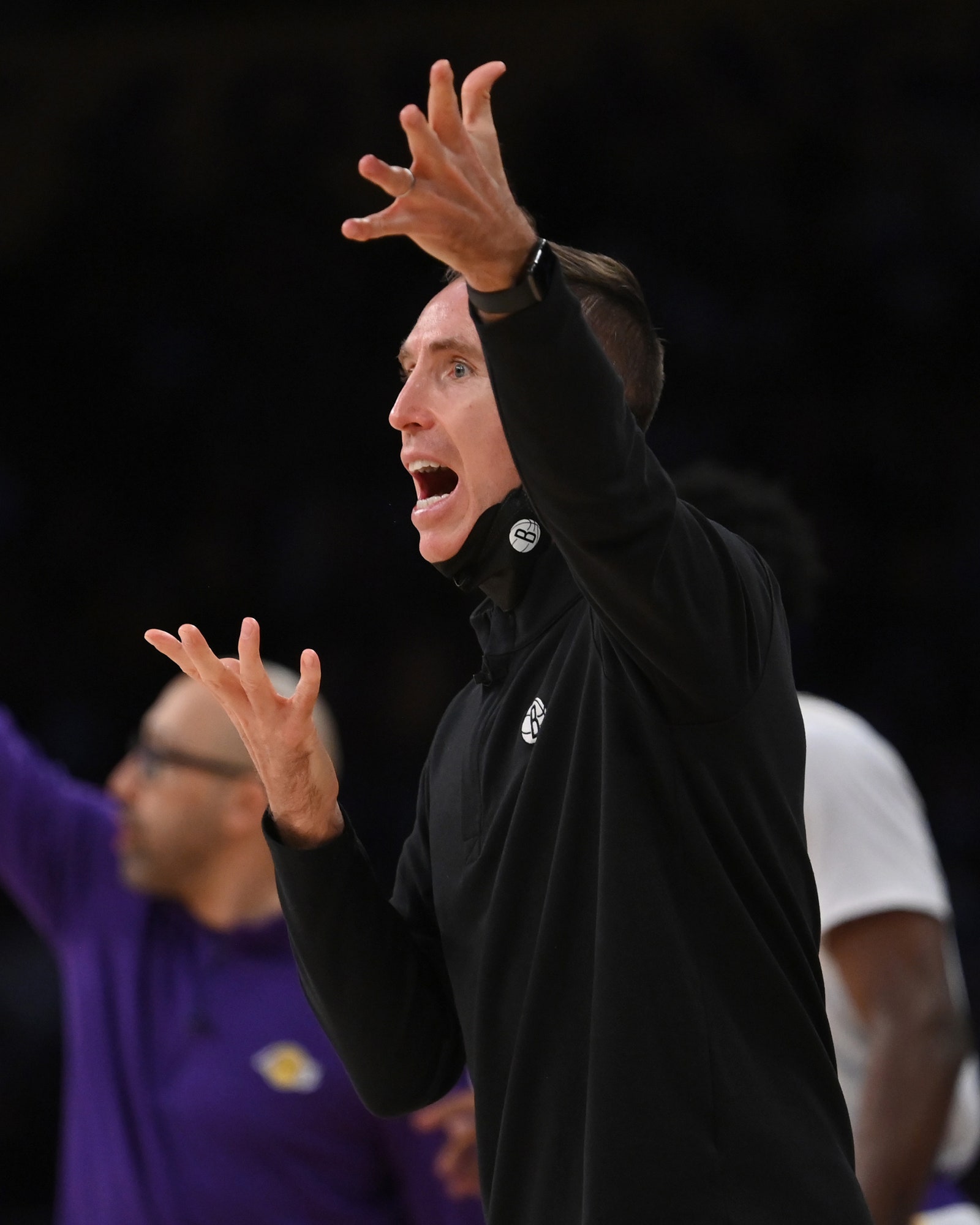 Head coach Steve Nash of the Brooklyn Nets reacts to a foul call in the game against the Los Angeles Lakers at...