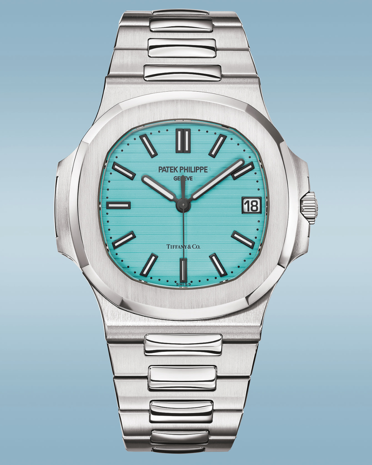 Steel watch with light blue face