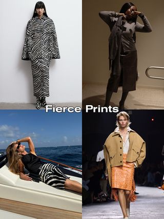 A collage of four animal-print skirt images with the words "fierce prints" on it.