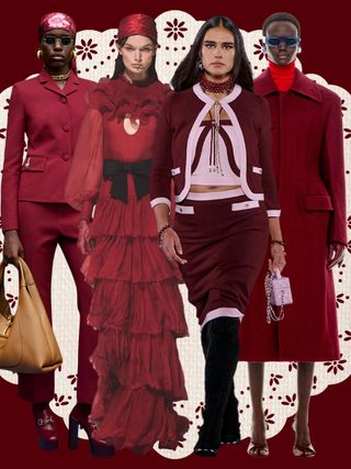 Runway collage of models wearing the merlot red 2025 color trend.