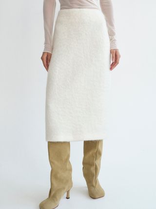 Hairy Wool Midi Skirt, White